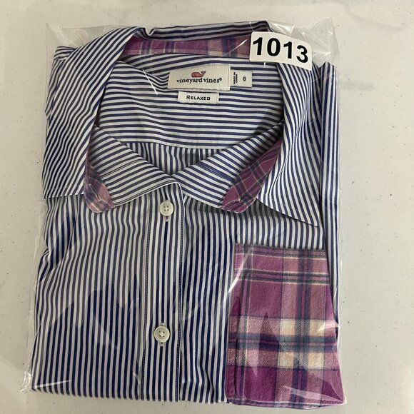 Vineyard Vines Womens 8 Relaxed Fit Purple Striped Button Up Shirt Plaid Pocket - Picture 15 of 15